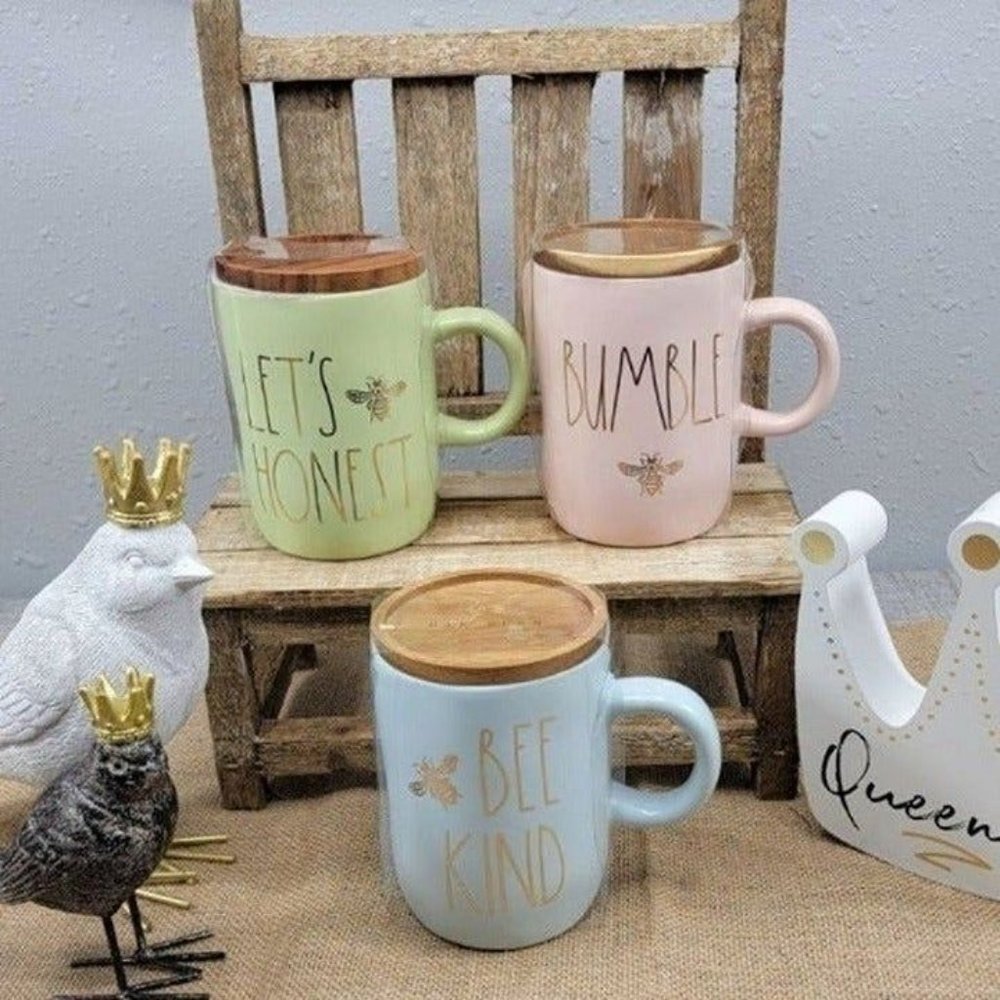 Rae Dunn Let's Bee Honest Bumble Bee Bee Kind Mug and Wood Coaster Bundle Gold